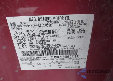 2013 Ford Flex Sel из США, поврежденный, VIN 2FMHK6C80DBD11591